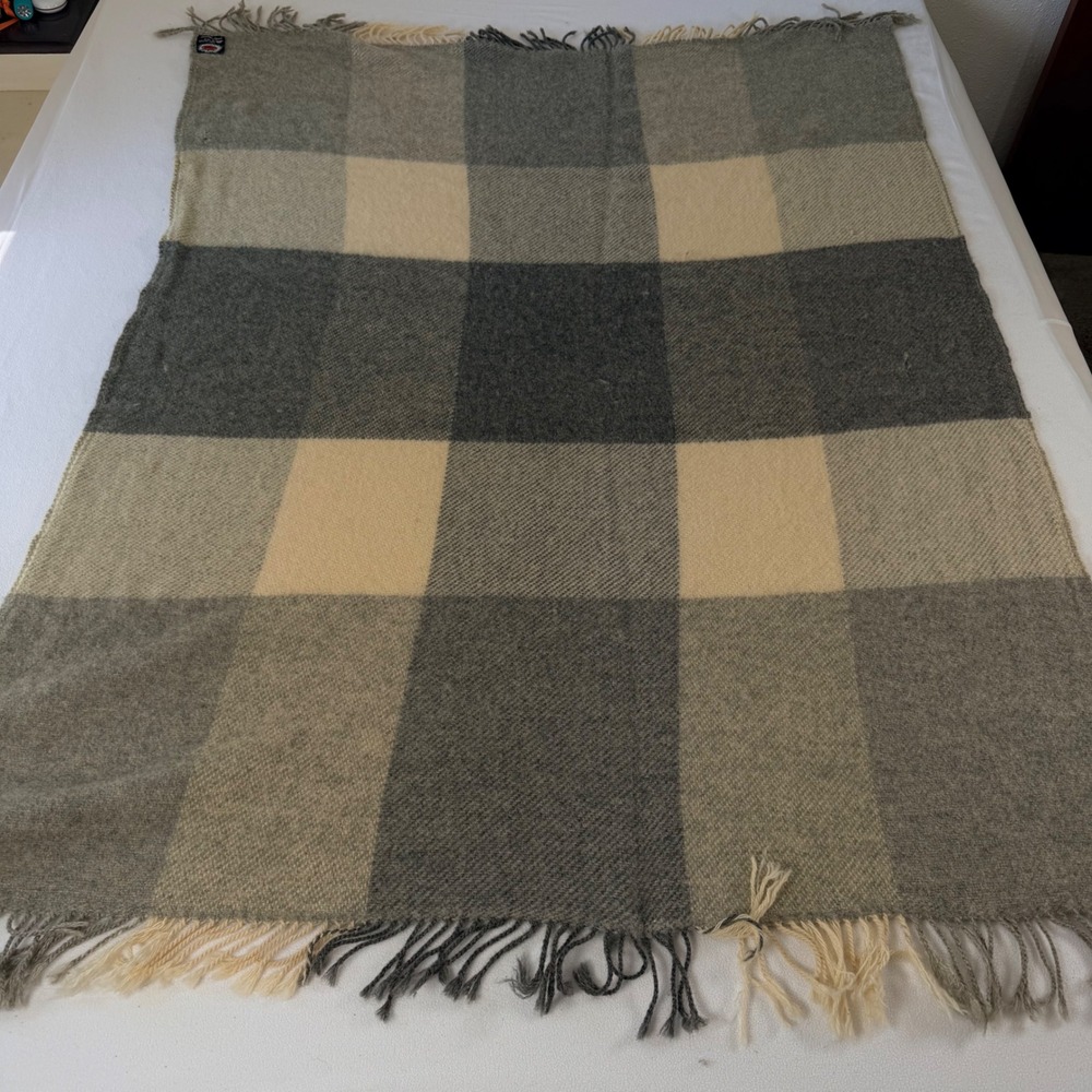 Vintage Made in Norway Pure New Wool Plaid Blanket Grey Cream Fringe 47x67